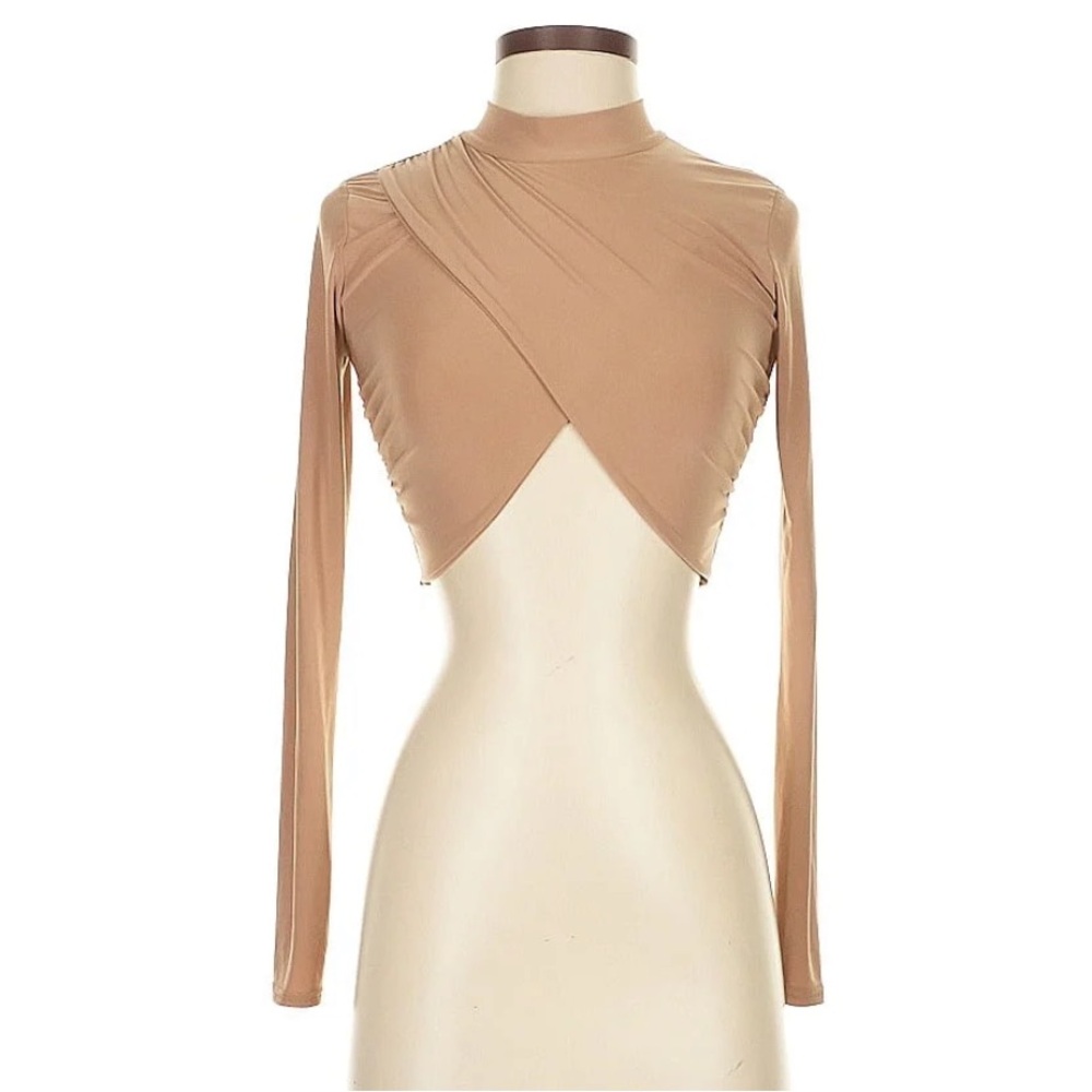 Long Sleeve Crop Top draped mock neck cross front
